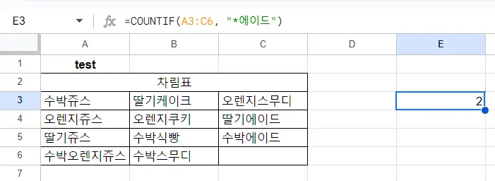 구글스프레드시트 countif 함수,  패턴과 일치하는 문자 세기2