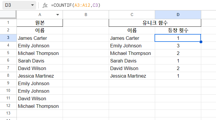 구글스프레드시트_Unique 응용, countif 함수 함께 사용하기