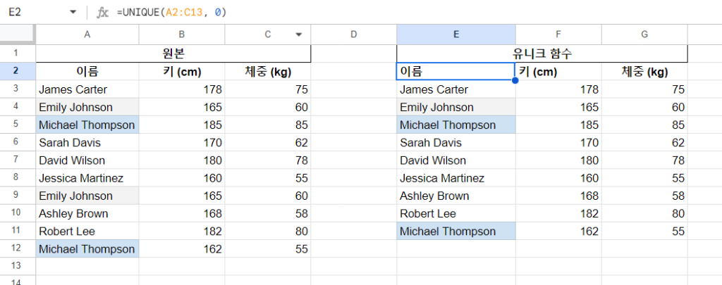 구글스프레드시트 Unique 함수, 항목이 여러개인 경우 필터링 하기